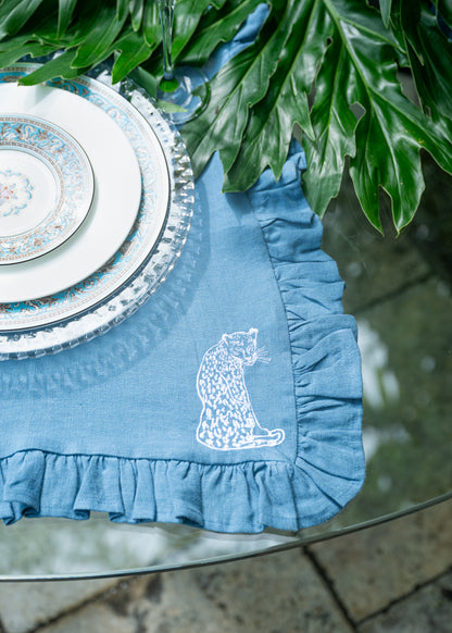 Midnight Safari Blue Embroidered Linen Napkins (Giraff &amp; Leopard embroidery) - Napkins