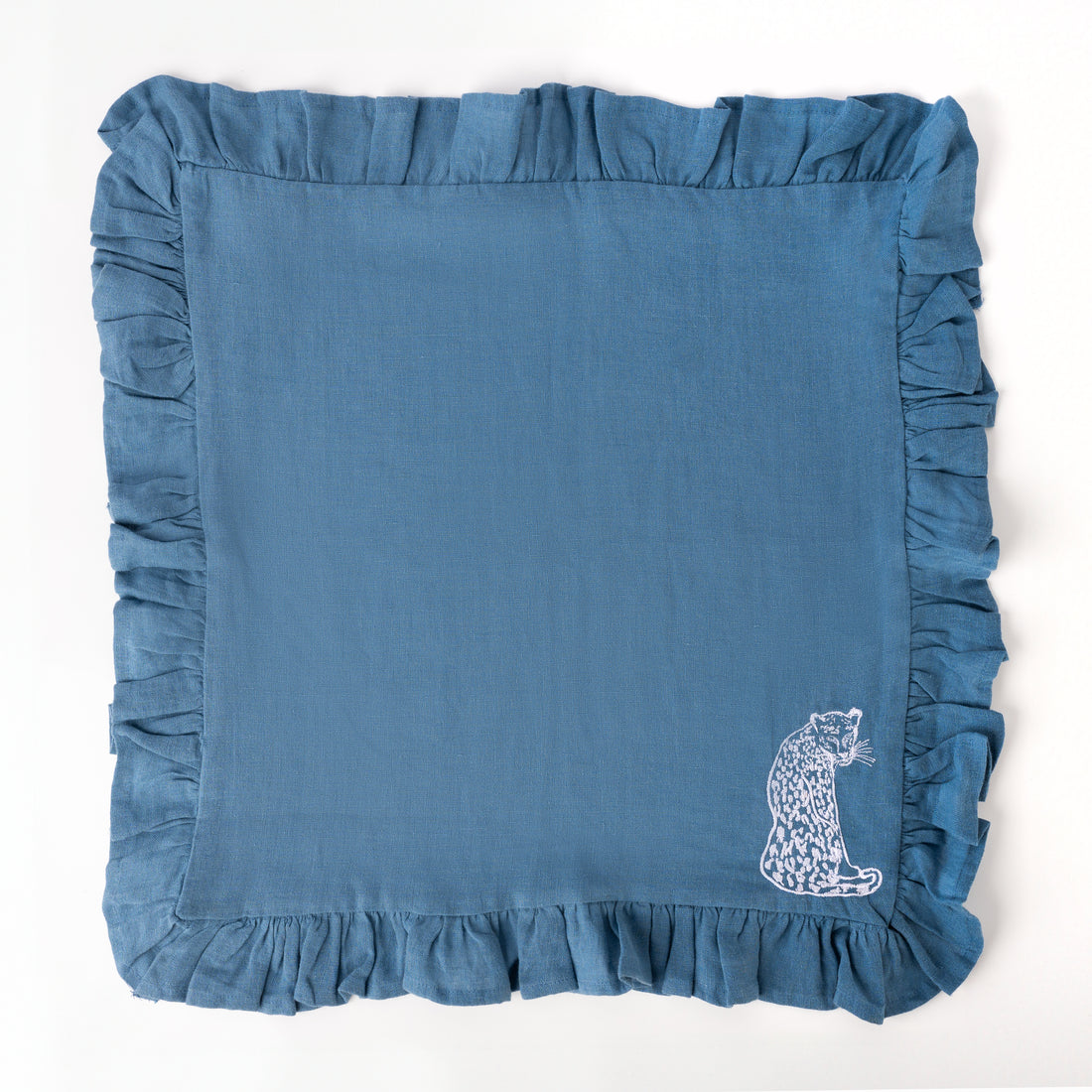 Midnight Safari Blue Embroidered Linen Napkins (Giraff &amp; Leopard embroidery) - Napkins