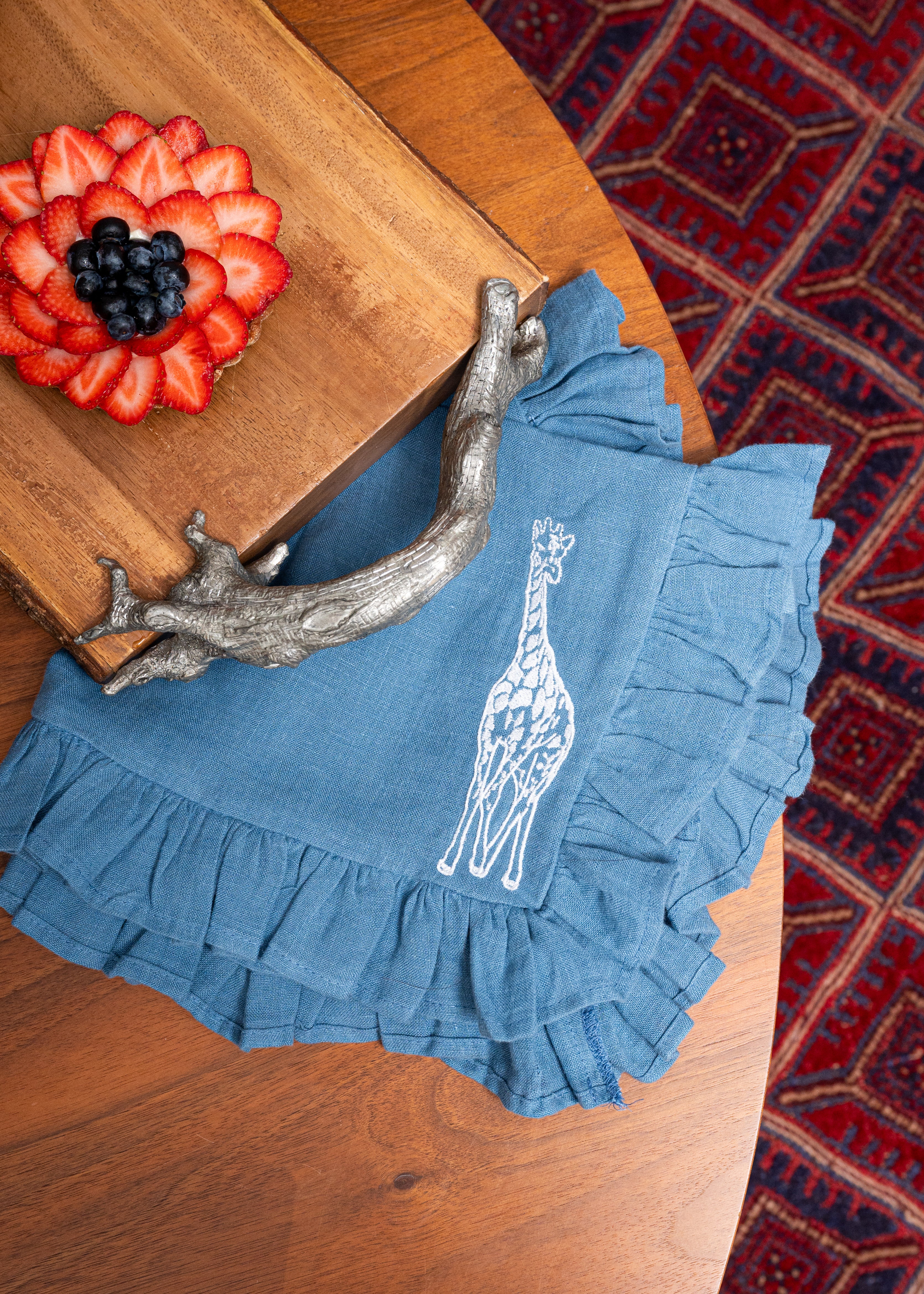 Midnight Safari Blue Embroidered Linen Napkins (Giraff & Leopard embroidery) - Napkins