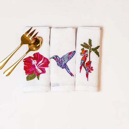 Caribbean Lovestory Embroidered Napkins - hibiscus flower, humming bird, parrot - Napkins
