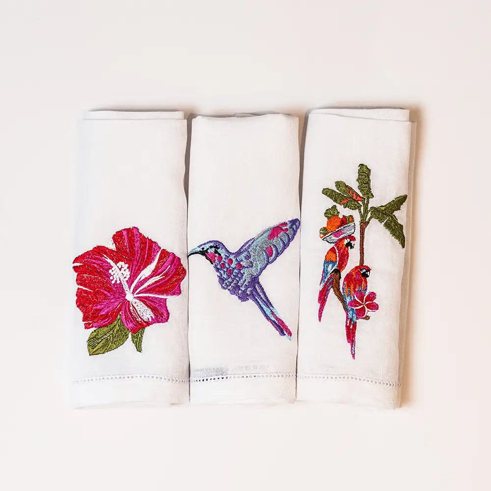Caribbean Lovestory Embroidered Napkins - hibiscus flower, humming bird, parrot - Napkins