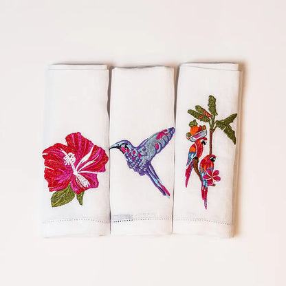 Caribbean Lovestory Embroidered Napkins - hibiscus flower, humming bird, parrot - Napkins