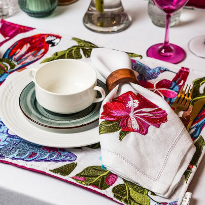 Caribbean Lovestory Embroidered Napkins - hibiscus flower, humming bird, parrot - Napkins