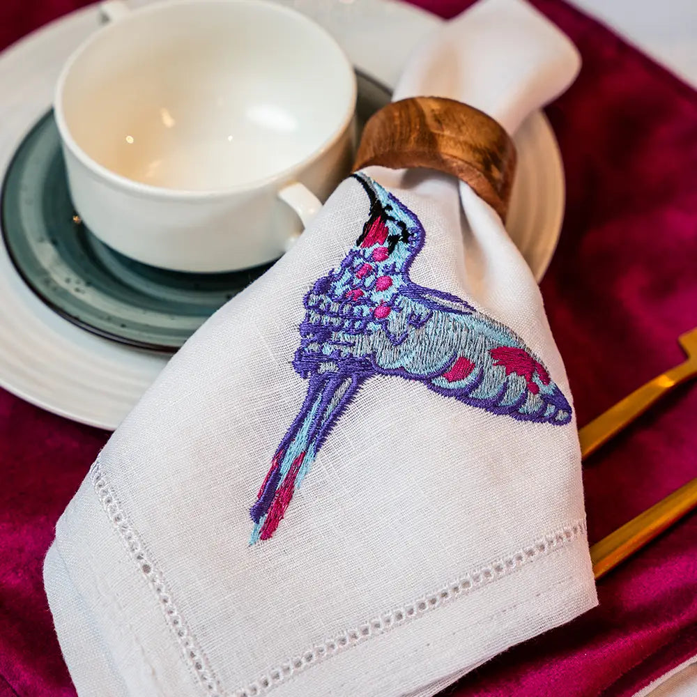 Caribbean Lovestory Embroidered Napkins - hibiscus flower, humming bird, parrot - Napkins