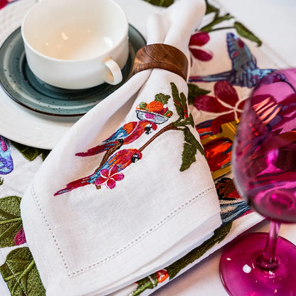 Caribbean Lovestory Embroidered Napkins - hibiscus flower, humming bird, parrot - Napkins